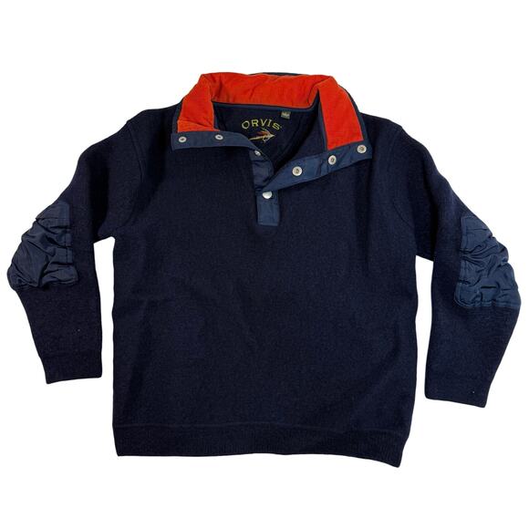 Orvis Boys Large Wool Pullover Sweater Navy Blue Red Trim Elbow Patches - Picture 1 of 7